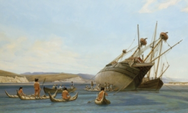 Gordon Miller’s oil-on-canvas painting, A Fair and Good Bay, depicts Sir Francis Drake’s ship — the Golden Hind — being careened in Drakes Estero.